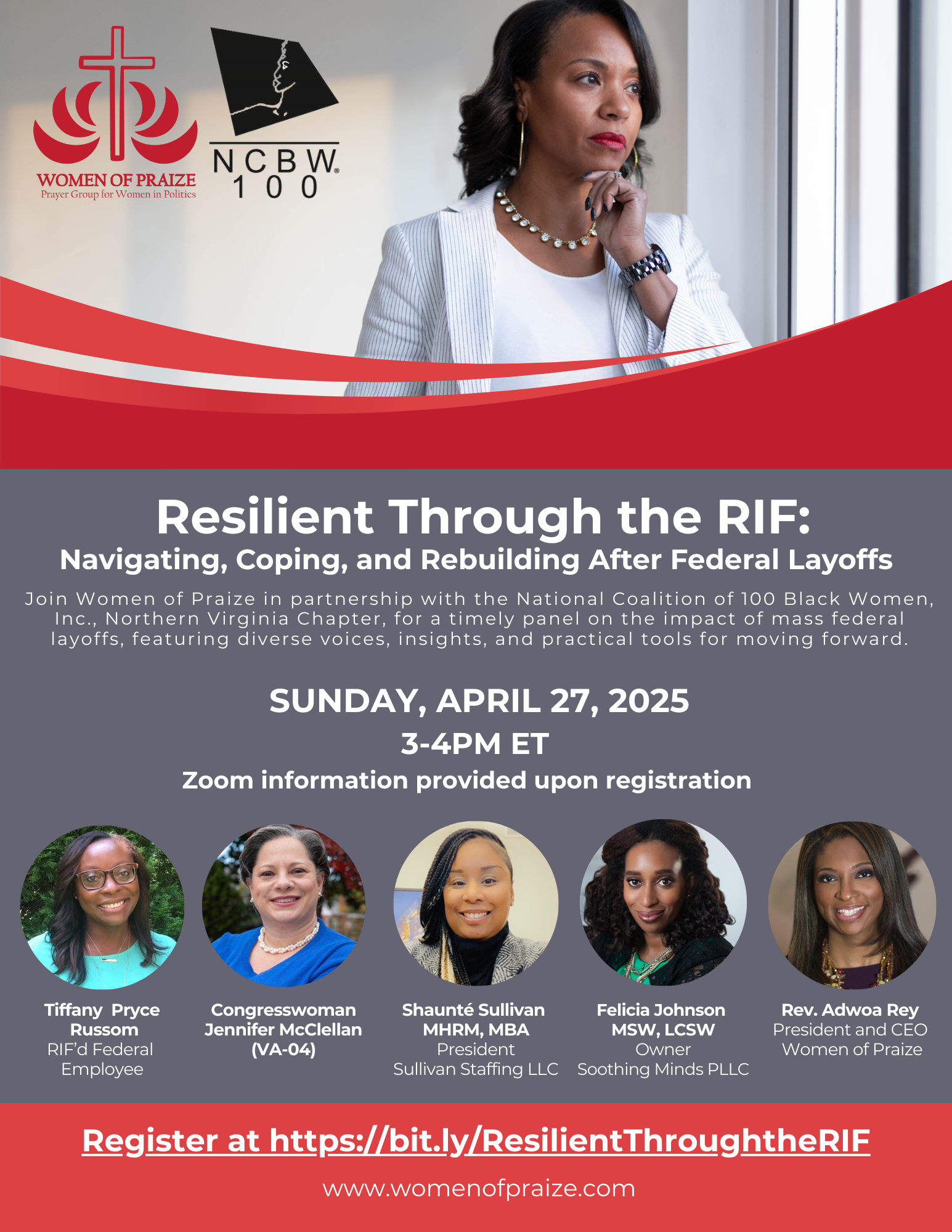 Join Women of Praize for a virtual panel discussion on April 27, 2025, from 3-4 PM ET, focusing on strategies for navigating, coping with, and rebuilding after federal layoffs. Hosted by Women of Praize and the National Coalition of 100 Black Women, Inc., Northern Virginia Chapter